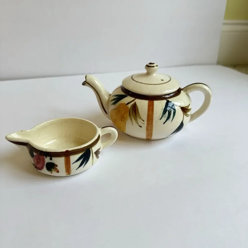 Vintage Tea for One Stacking Set Teapot Creamer Autumn Leaves Pattern Pear Japan